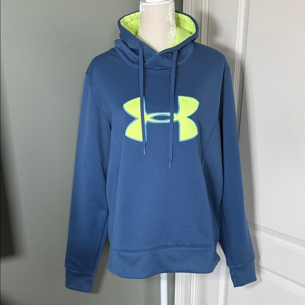Under Armour ColdGear Hoodie Blue Neon Logo Pullover XL Semi-Fitted